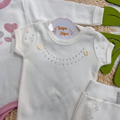 Conj. de Malha 3 peças - Flores de Corações com Strass - Off White e Rose
